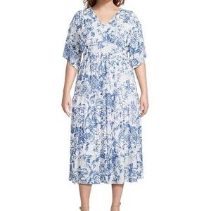 Calessa Plus Size Porcelain Floral Print V-Neck Elbow Sleeve A-Line Tiered Dress